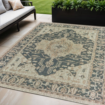 5' X 7' Gray Oriental Stain Resistant Indoor Outdoor Area Rug