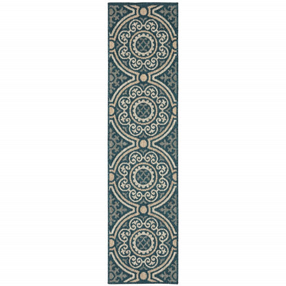 2' X 8' Blue and Gray Geometric Stain Resistant Indoor Outdoor Area Rug