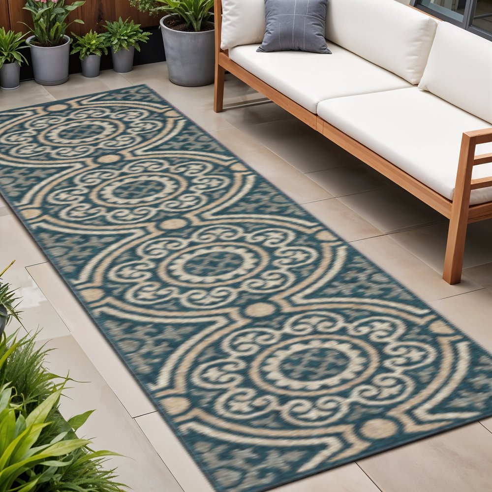 2' X 8' Blue and Gray Geometric Stain Resistant Indoor Outdoor Area Rug