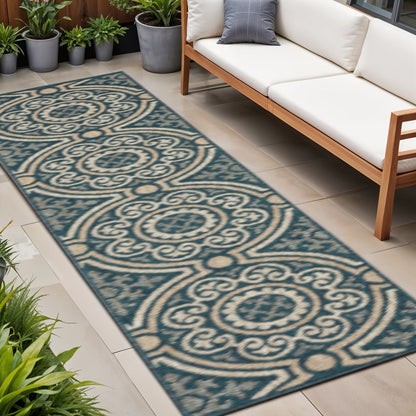 2' X 8' Blue and Gray Geometric Stain Resistant Indoor Outdoor Area Rug