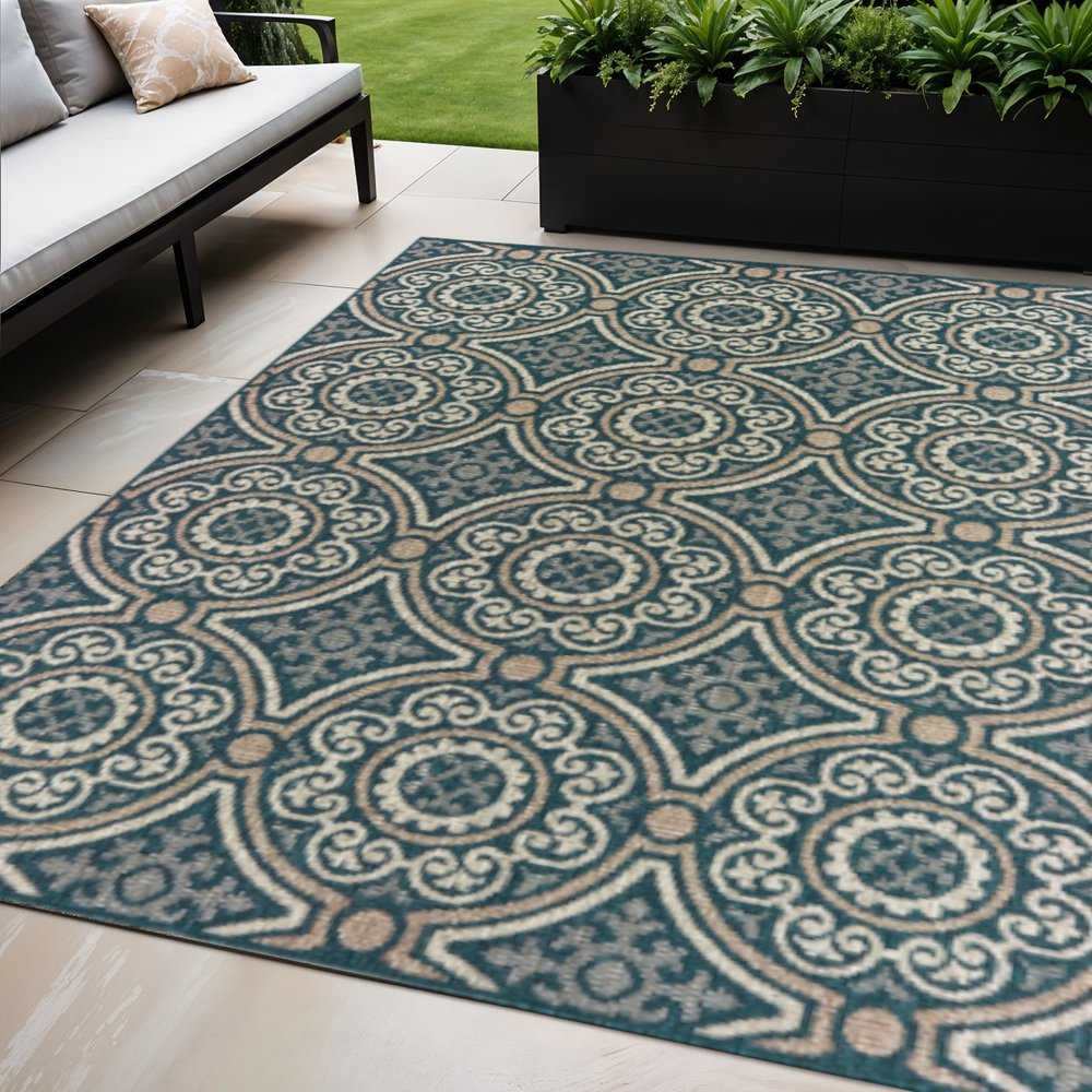 5' X 7' Blue and Gray Geometric Stain Resistant Indoor Outdoor Area Rug
