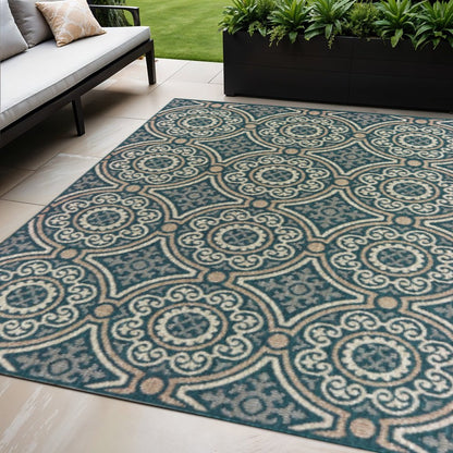 5' X 7' Blue and Gray Geometric Stain Resistant Indoor Outdoor Area Rug