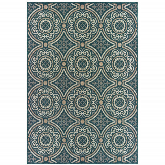 7' X 9' Blue and Gray Geometric Stain Resistant Indoor Outdoor Area Rug