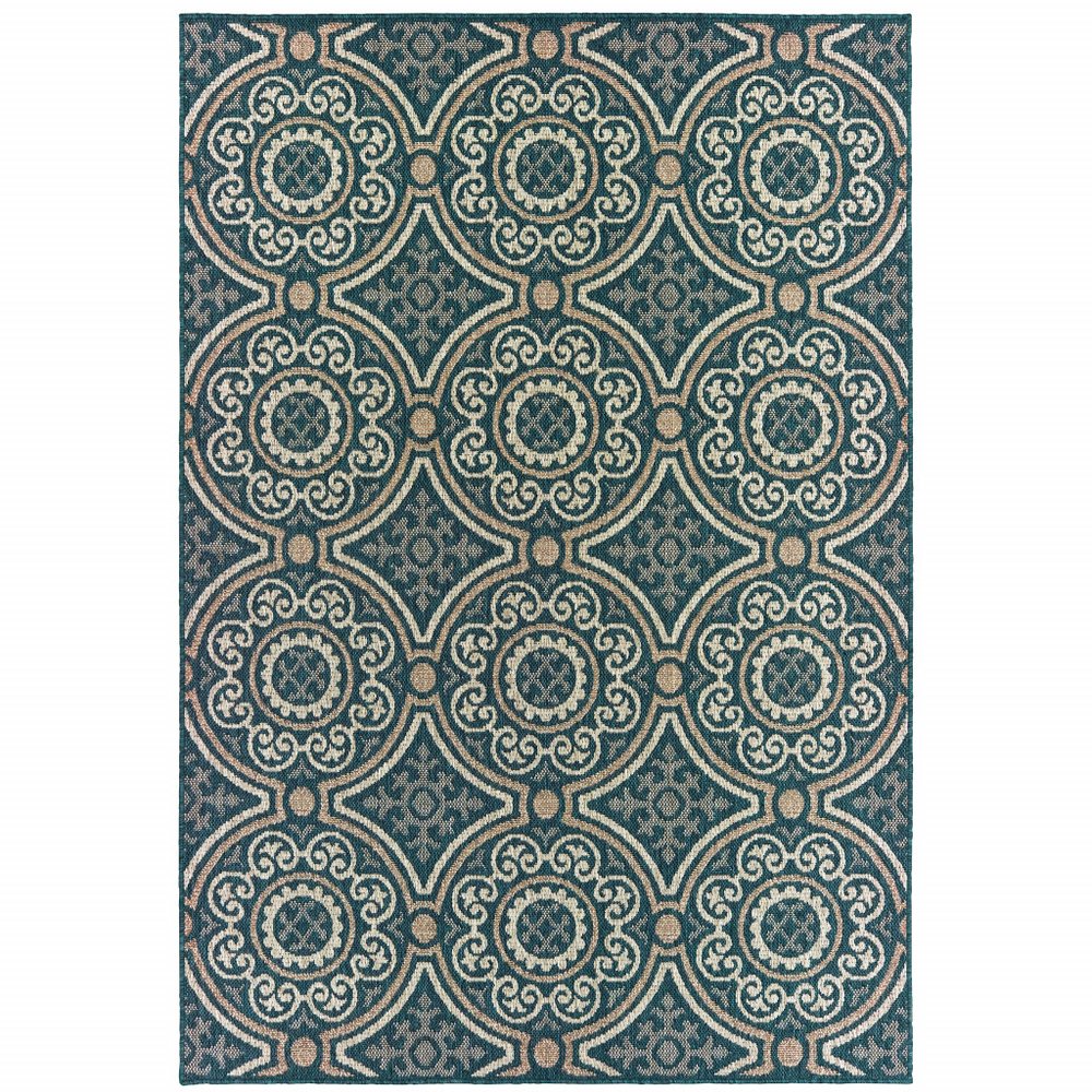 7' X 9' Blue and Gray Geometric Stain Resistant Indoor Outdoor Area Rug