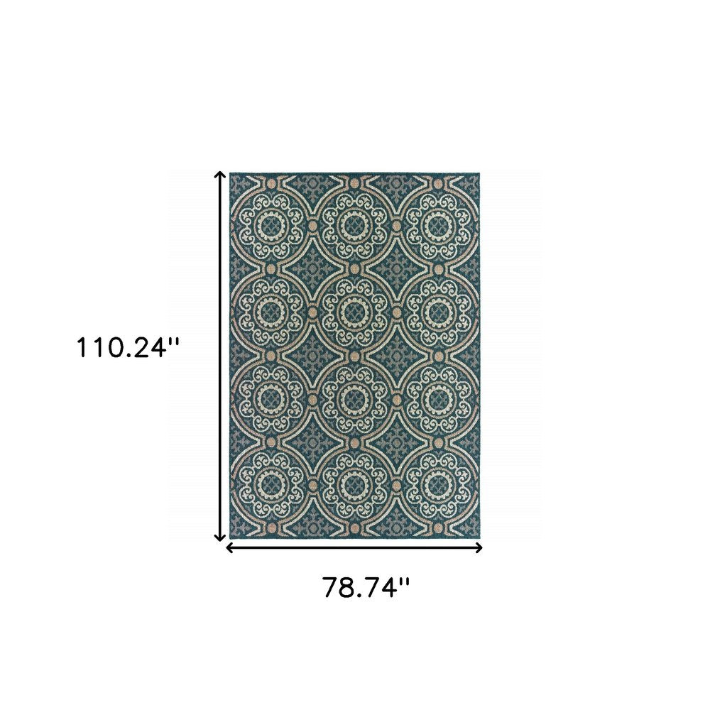 7' X 9' Blue and Gray Geometric Stain Resistant Indoor Outdoor Area Rug
