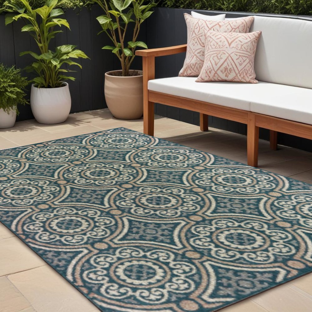7' X 9' Blue and Gray Geometric Stain Resistant Indoor Outdoor Area Rug