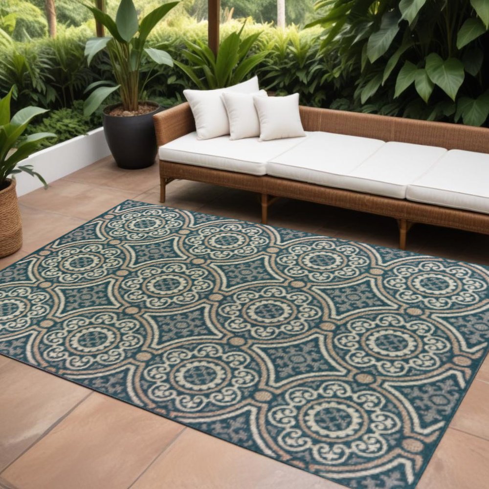8' x 10' Blue and Gray Geometric Stain Resistant Indoor Outdoor Area Rug