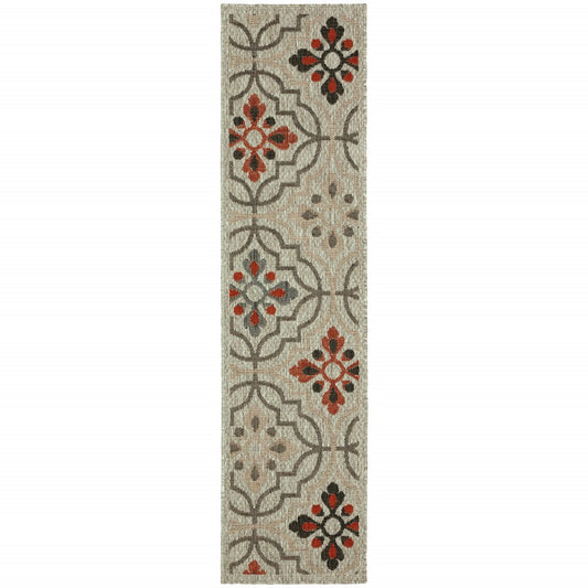 2' X 8' Gray Geometric Stain Resistant Indoor Outdoor Area Rug