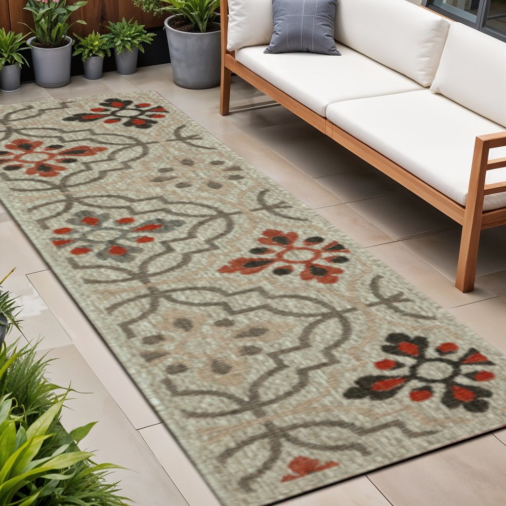 2' X 8' Gray Geometric Stain Resistant Indoor Outdoor Area Rug