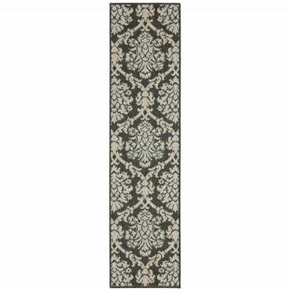 2' X 8' Gray Floral Stain Resistant Indoor Outdoor Area Rug