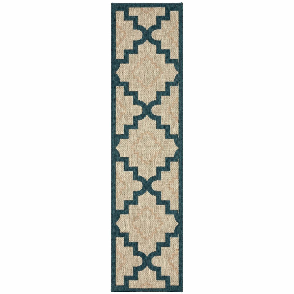 2' X 8' Blue and Gray Geometric Stain Resistant Indoor Outdoor Area Rug