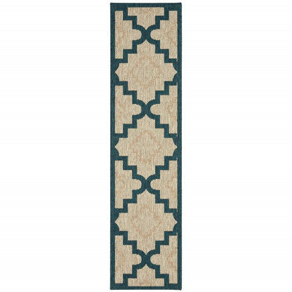 2' X 8' Blue and Gray Geometric Stain Resistant Indoor Outdoor Area Rug