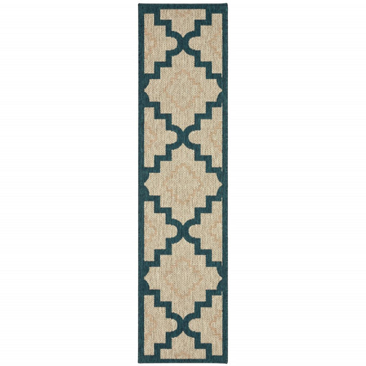 2' X 8' Blue and Gray Geometric Stain Resistant Indoor Outdoor Area Rug