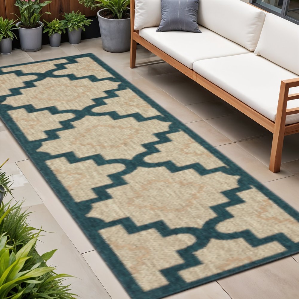 2' X 8' Blue and Gray Geometric Stain Resistant Indoor Outdoor Area Rug