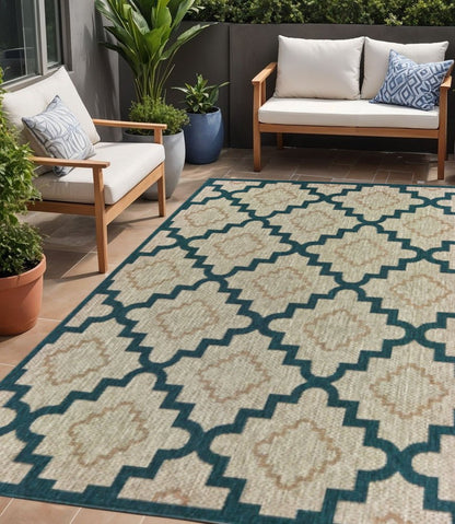 5' X 7' Blue and Gray Geometric Stain Resistant Indoor Outdoor Area Rug