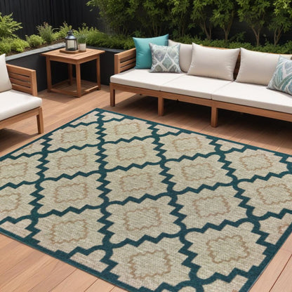 8' x 10' Blue and Gray Geometric Stain Resistant Indoor Outdoor Area Rug