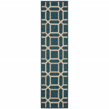 2' X 8' Blue and Gray Geometric Stain Resistant Indoor Outdoor Area Rug