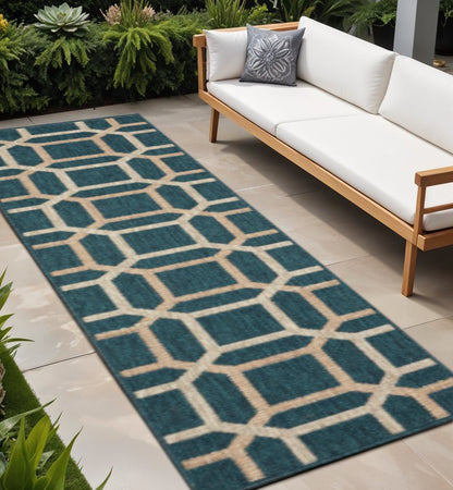 2' X 8' Blue and Gray Geometric Stain Resistant Indoor Outdoor Area Rug