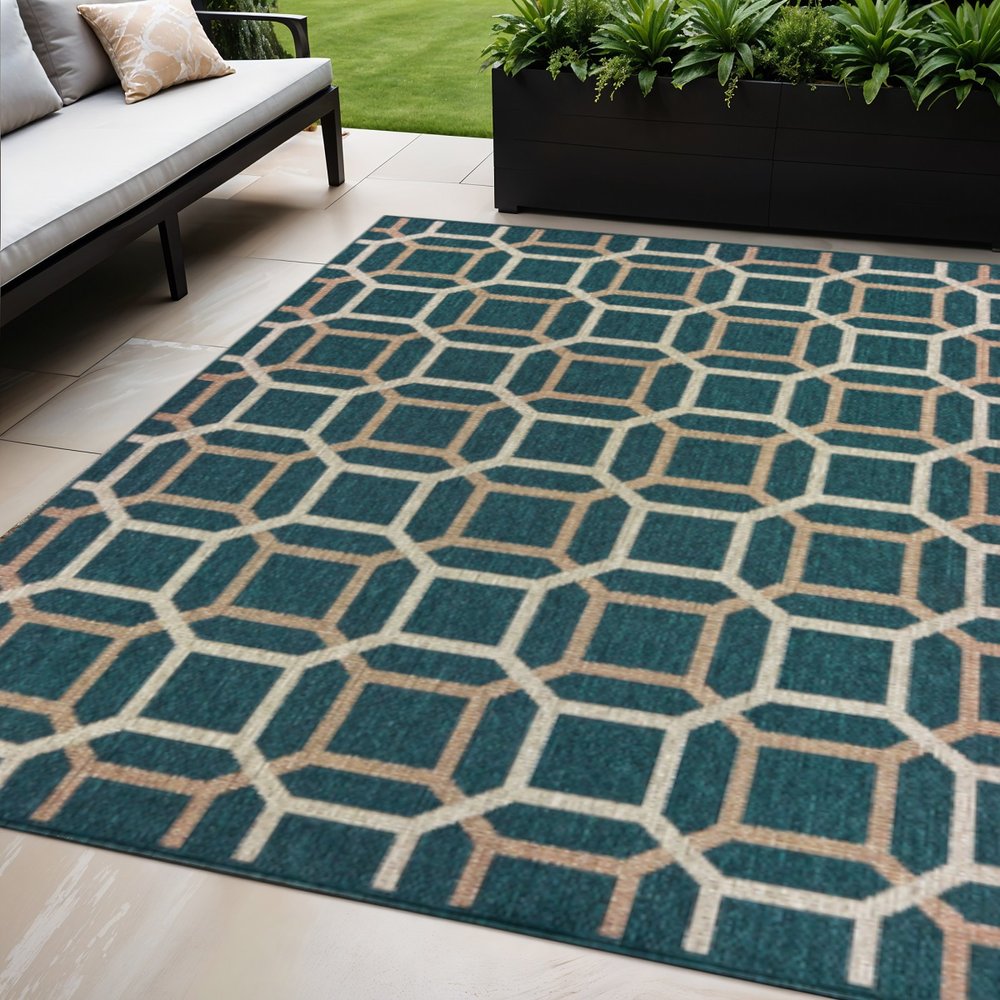 5' X 7' Blue and Gray Geometric Stain Resistant Indoor Outdoor Area Rug