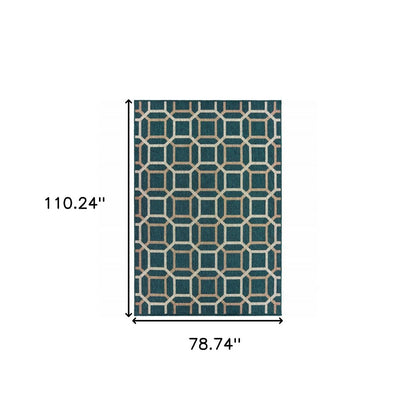 7' X 9' Blue and Gray Geometric Stain Resistant Indoor Outdoor Area Rug