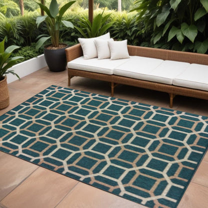 7' X 9' Blue and Gray Geometric Stain Resistant Indoor Outdoor Area Rug