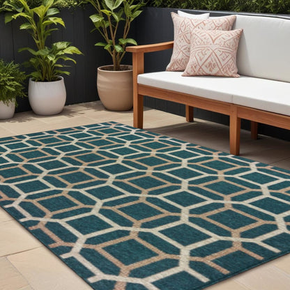 10' X 13' Blue and Gray Geometric Stain Resistant Indoor Outdoor Area Rug