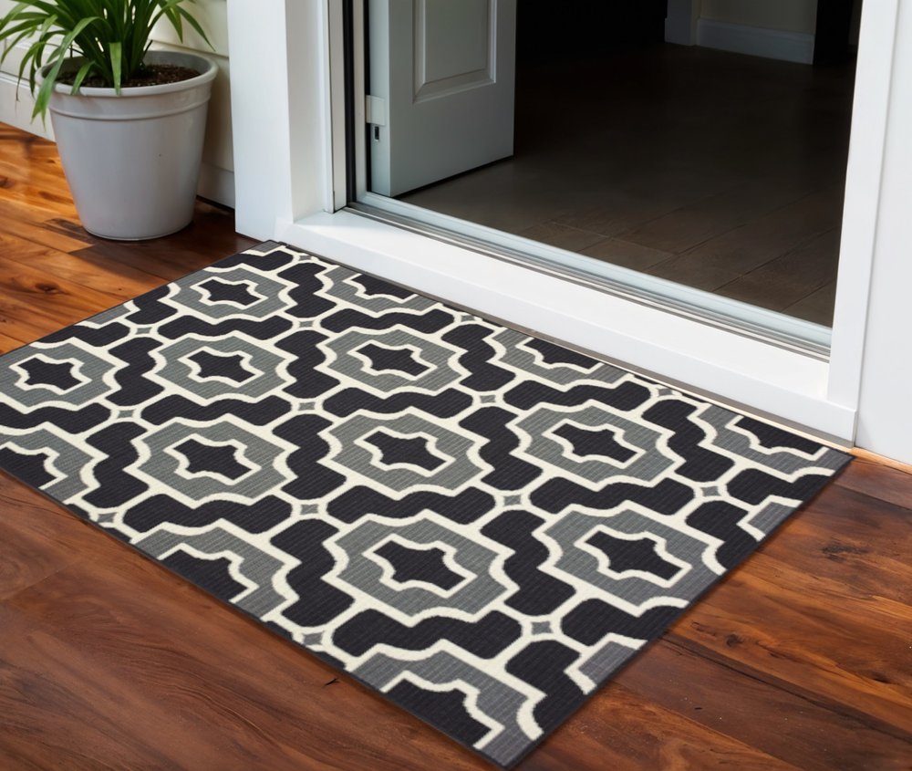 2' X 4' Black and Gray Geometric Stain Resistant Indoor Outdoor Area Rug