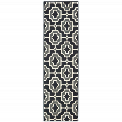 2' X 8' Black and Gray Geometric Stain Resistant Indoor Outdoor Area Rug