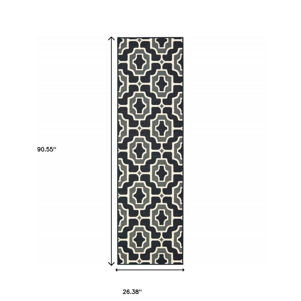 2' X 8' Black and Gray Geometric Stain Resistant Indoor Outdoor Area Rug