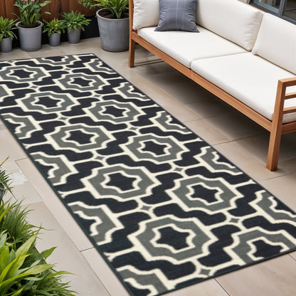 2' X 8' Black and Gray Geometric Stain Resistant Indoor Outdoor Area Rug