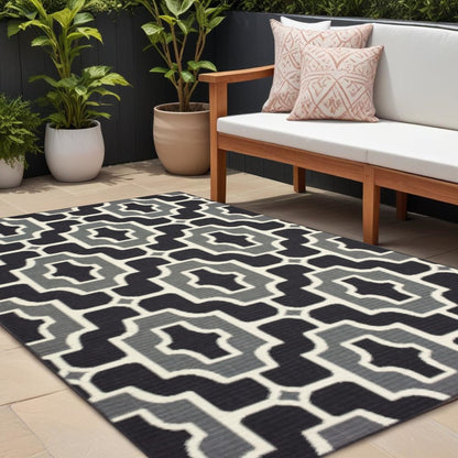 8' X 11' Black and Gray Geometric Stain Resistant Indoor Outdoor Area Rug