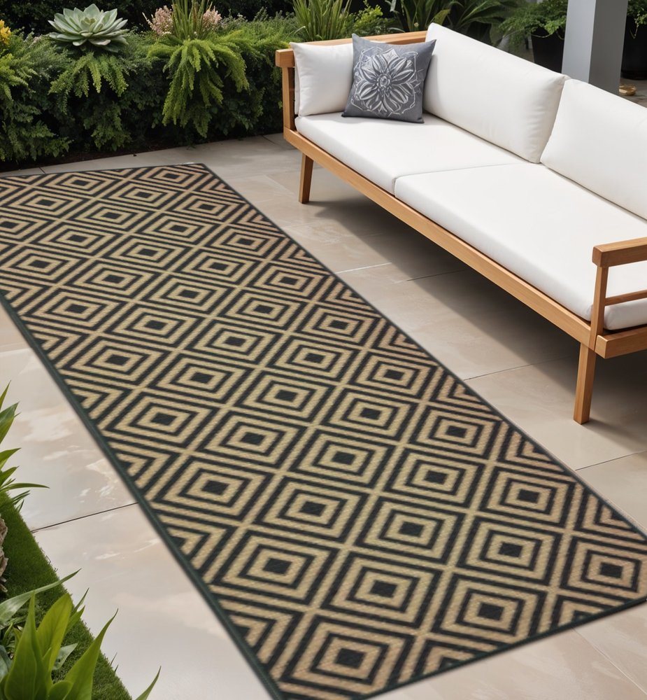 2' X 8' Black and Tan Geometric Stain Resistant Indoor Outdoor Area Rug