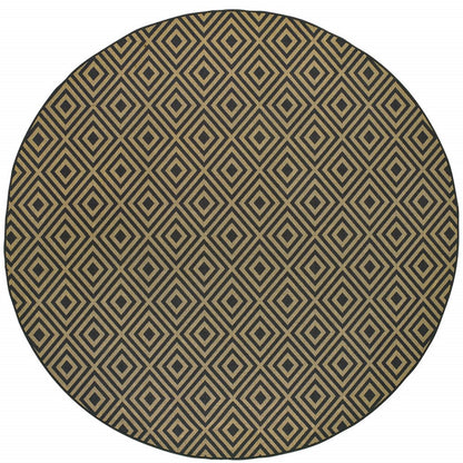8' X 8' Black and Tan Round Geometric Stain Resistant Indoor Outdoor Area Rug