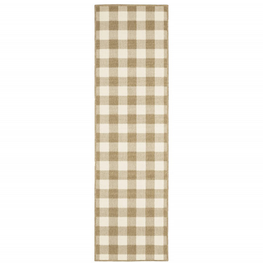 2' X 8' Gray and Ivory Geometric Stain Resistant Indoor Outdoor Area Rug