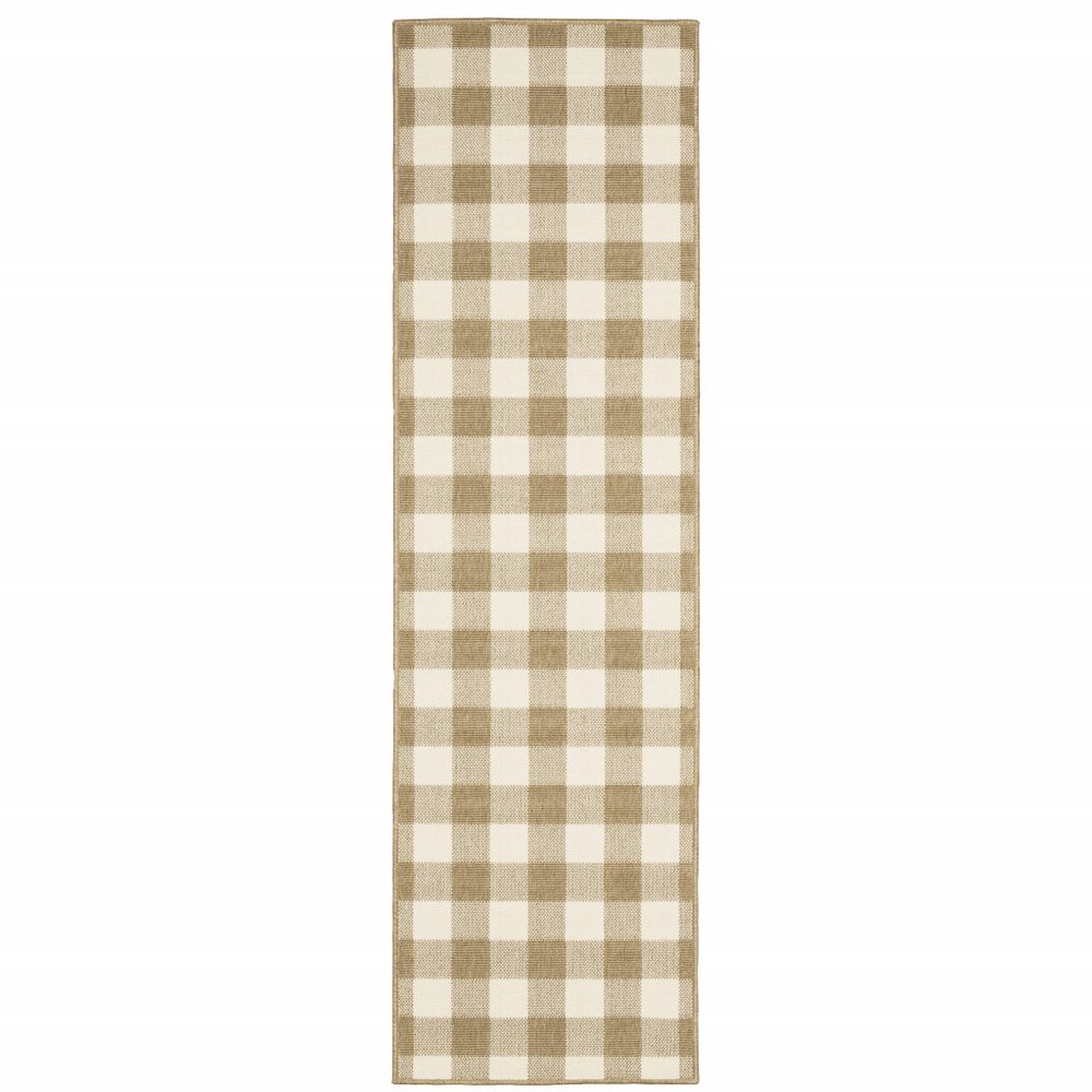 2' X 8' Gray and Ivory Geometric Stain Resistant Indoor Outdoor Area Rug