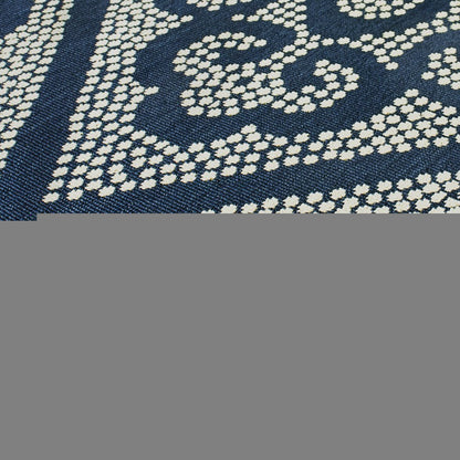2' X 4' Blue and Ivory Geometric Stain Resistant Indoor Outdoor Area Rug