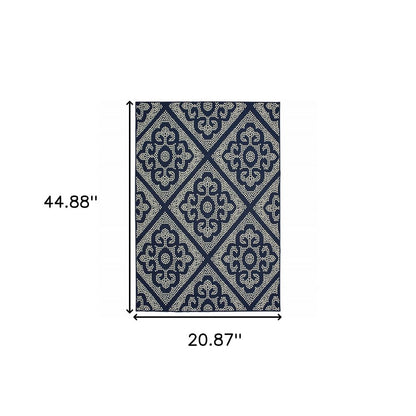 2' X 4' Blue and Ivory Geometric Stain Resistant Indoor Outdoor Area Rug