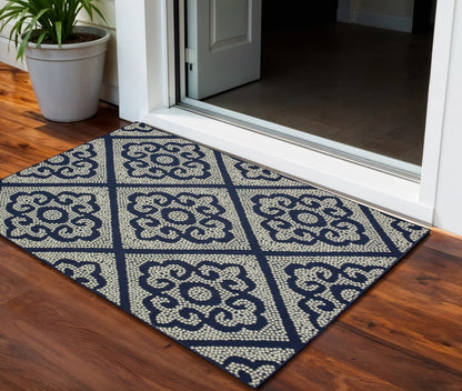 2' X 4' Blue and Ivory Geometric Stain Resistant Indoor Outdoor Area Rug