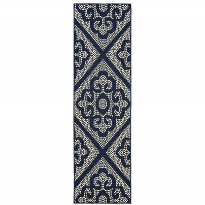 2' X 8' Blue and Ivory Geometric Stain Resistant Indoor Outdoor Area Rug