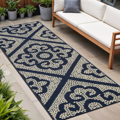 2' X 8' Blue and Ivory Geometric Stain Resistant Indoor Outdoor Area Rug