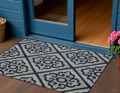 2' X 4' Blue and Ivory Geometric Stain Resistant Indoor Outdoor Area Rug