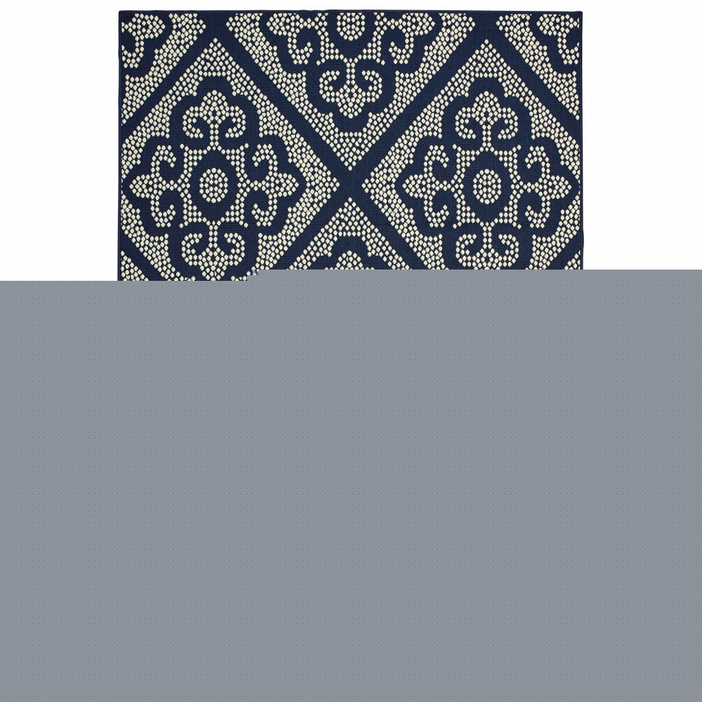 8' X 11' Blue and Ivory Geometric Stain Resistant Indoor Outdoor Area Rug