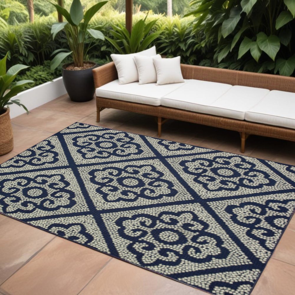8' X 11' Blue and Ivory Geometric Stain Resistant Indoor Outdoor Area Rug
