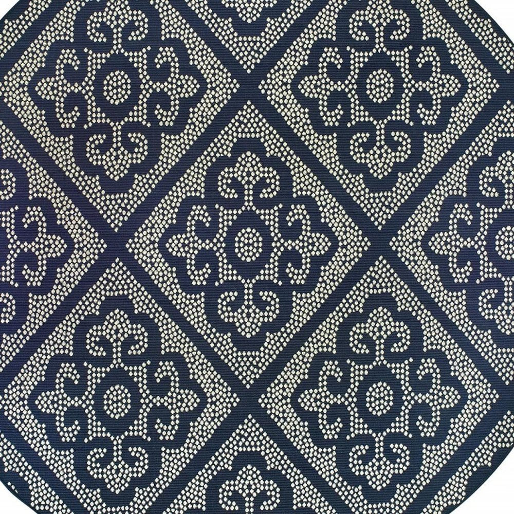 8' X 8' Blue and Ivory Round Geometric Stain Resistant Indoor Outdoor Area Rug
