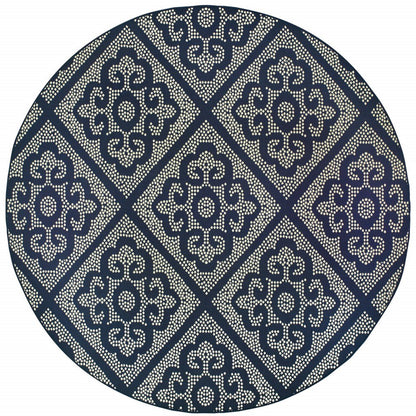 8' X 8' Blue and Ivory Round Geometric Stain Resistant Indoor Outdoor Area Rug