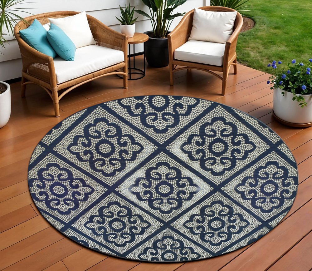 8' X 8' Blue and Ivory Round Geometric Stain Resistant Indoor Outdoor Area Rug