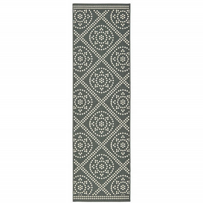 2' X 8' Gray and Ivory Geometric Stain Resistant Indoor Outdoor Area Rug