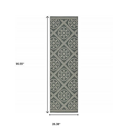 2' X 8' Gray and Ivory Geometric Stain Resistant Indoor Outdoor Area Rug