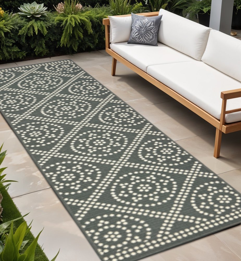 2' X 8' Gray and Ivory Geometric Stain Resistant Indoor Outdoor Area Rug