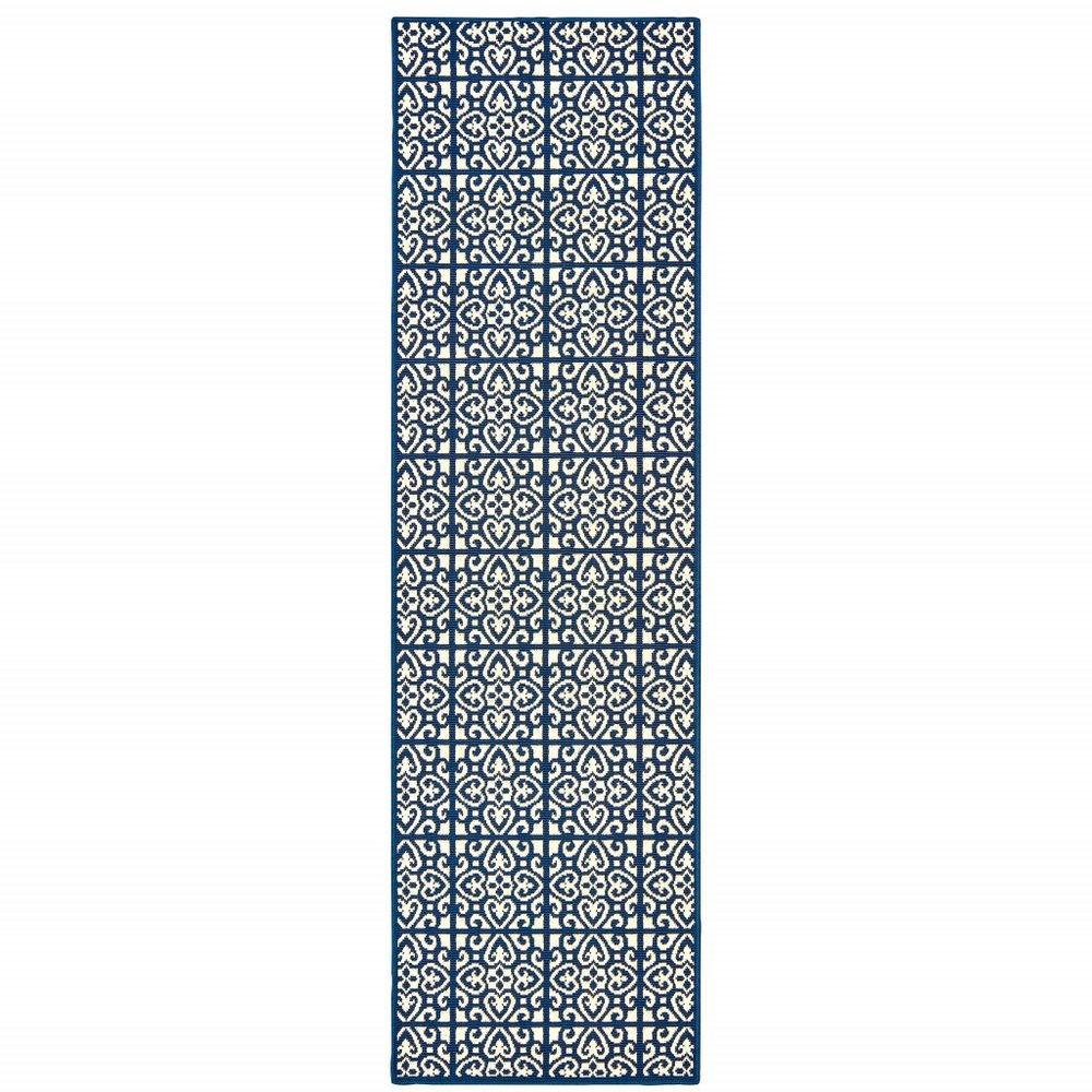 2' X 8' Ivory and Blue Geometric Stain Resistant Indoor Outdoor Area Rug